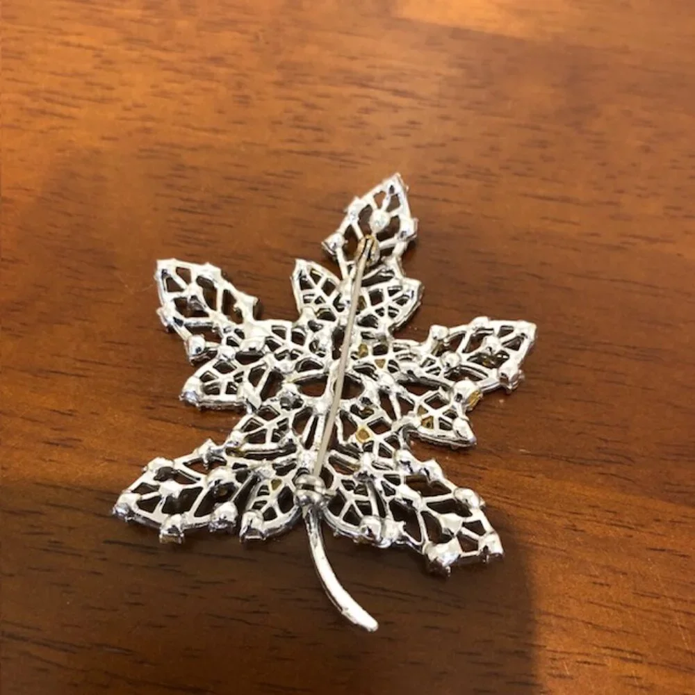 Silver Tone Blue Rhinestone Oversized Leaf Brooch Pin